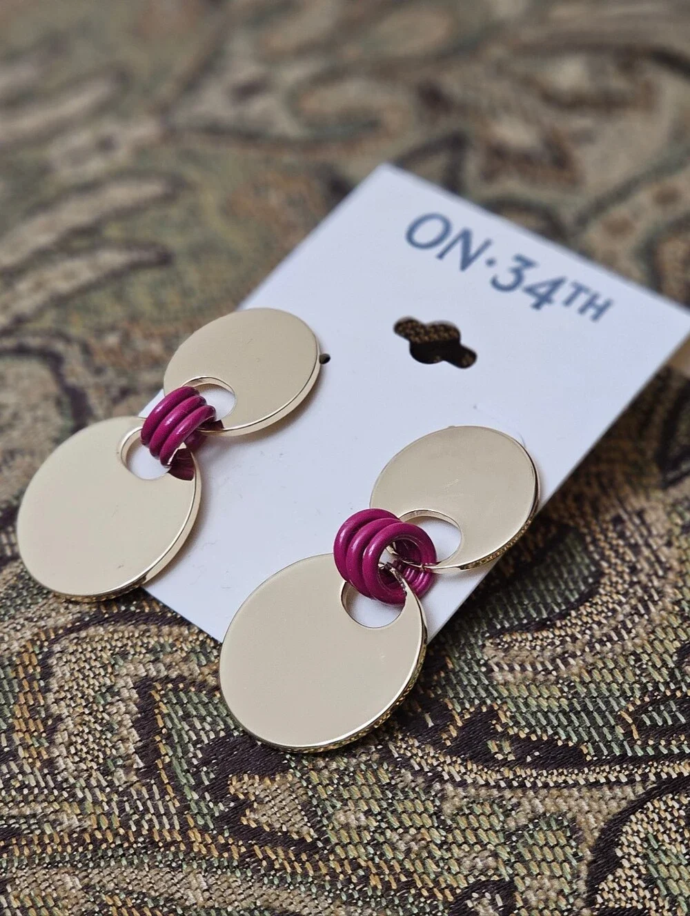 Gold-Tone and Fuchsia Disc Drop Earrings with Fuchsia Accent NWT
